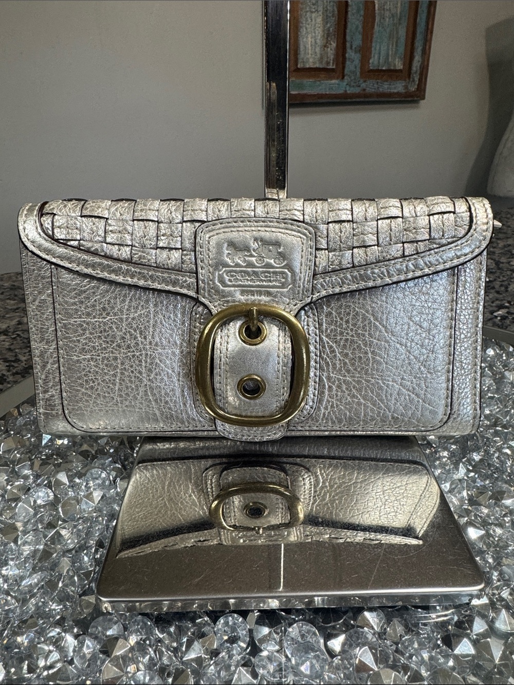 Coach Ltd Ed Bleecker Silver Platinum Leather Woven Lg Trifold Wallet RARE